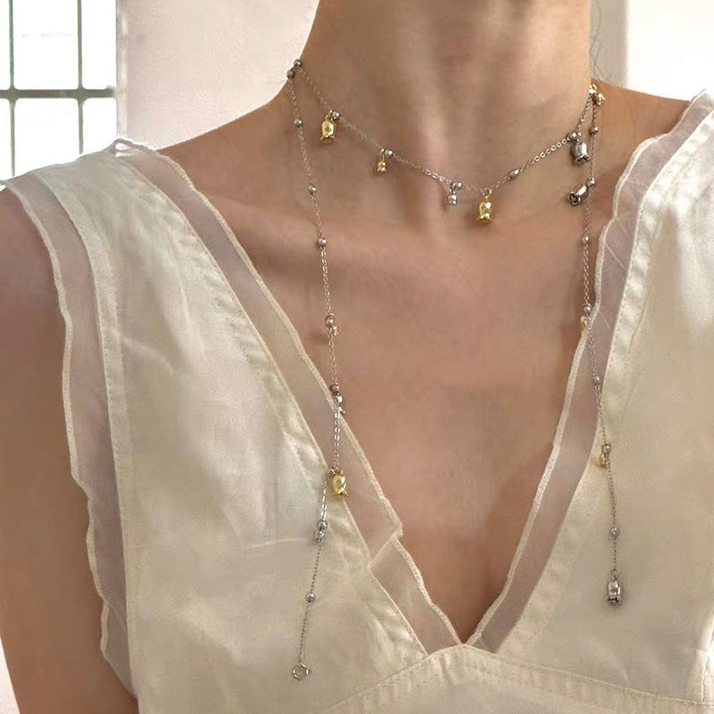 Layered Flower Pendant Necklace for Women, Electroplated Copper, Long Chain Necklace
