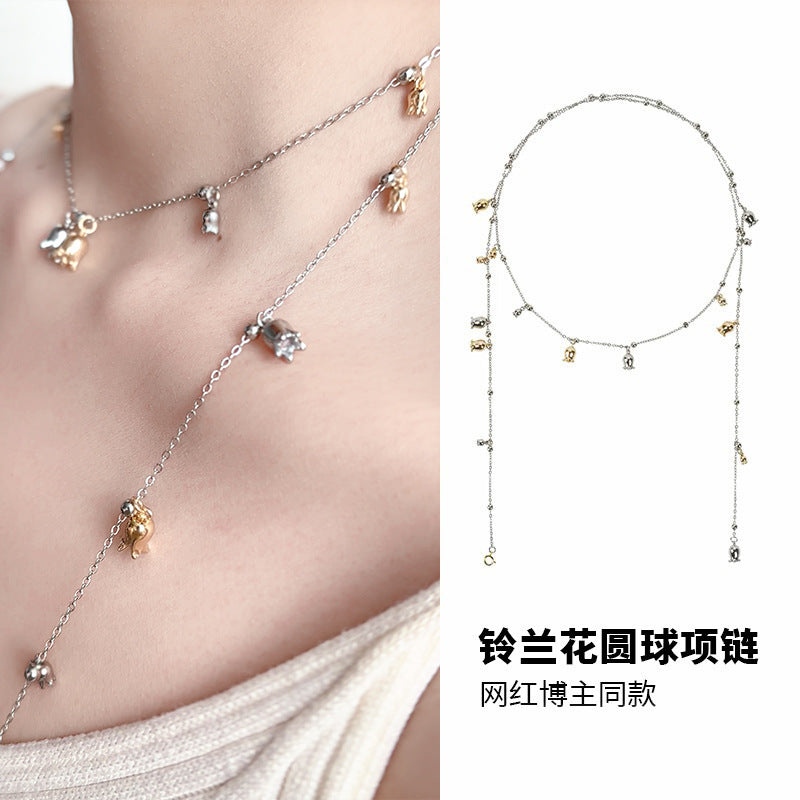 Layered Flower Pendant Necklace for Women, Electroplated Copper, Long Chain Necklace