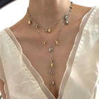 Layered Flower Pendant Necklace for Women, Electroplated Copper, Long Chain Necklace